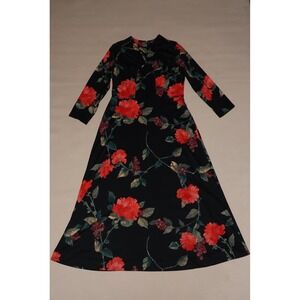 Vintage 1970s Toni Todd Floral Maxi Dress Black Red Long Sleeve Boho 70s